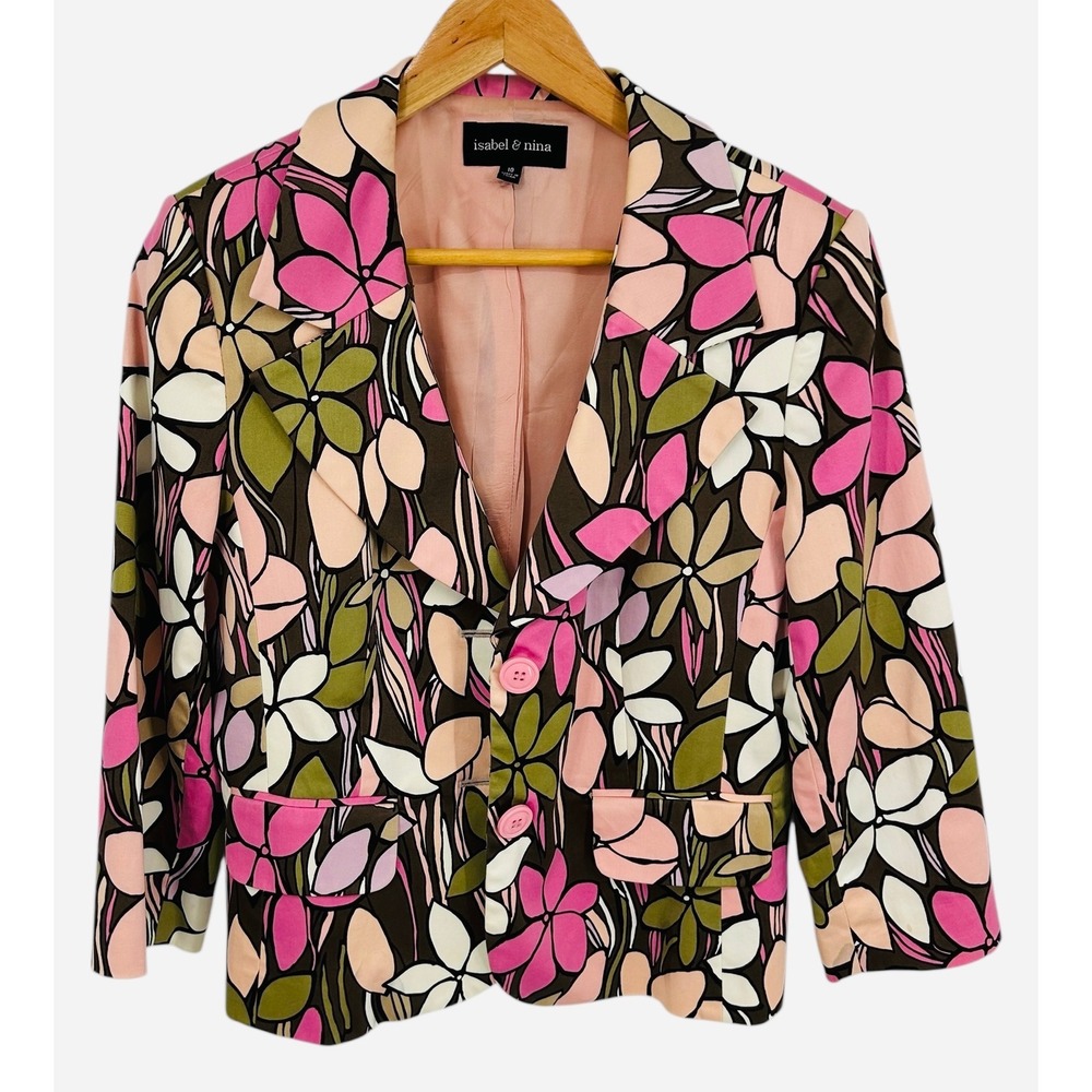 Isabel Nina Womens Floral Print Blazer Jacket Pink Green Brown Size 10